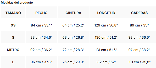 Tabla de tallas de Niza | Vestido largo de encaje