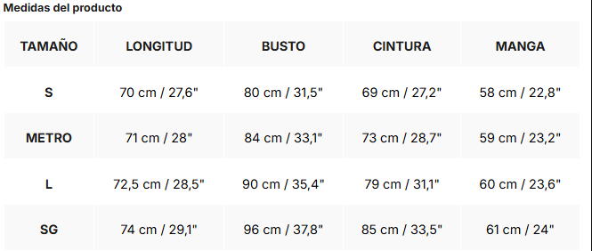 Tabla de tallas de Andrea | Body de manga larga fruncido