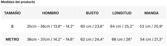 Tabla de tallas de Aurora | Top de punto asimétrico