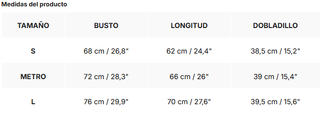 Tabla de tallas de Carol | Top escote asimétrico