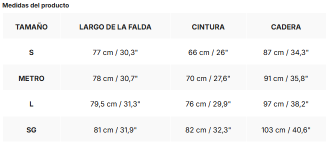 Tabla de tallas de Nati | Falda midi drapeada