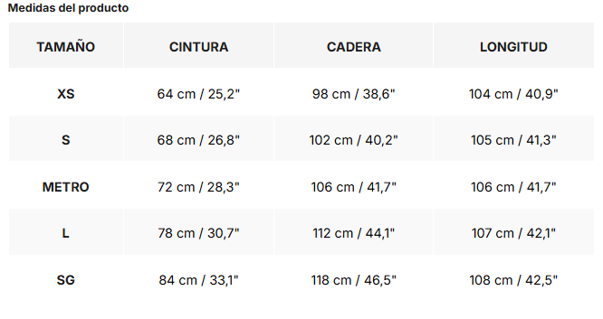 Tabla de tallas de Nerea | Pantalones de cuadros de talle alto