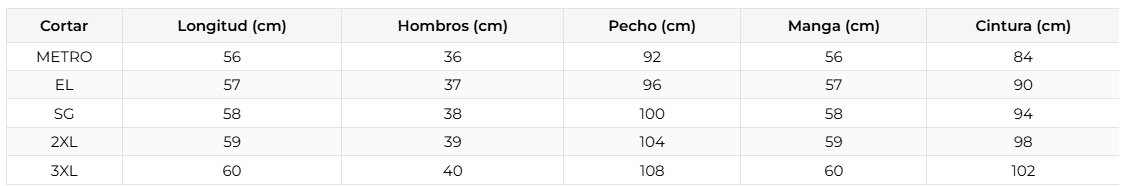 Tabla de tallas de Kelley | Chaqueta acolchada ligera