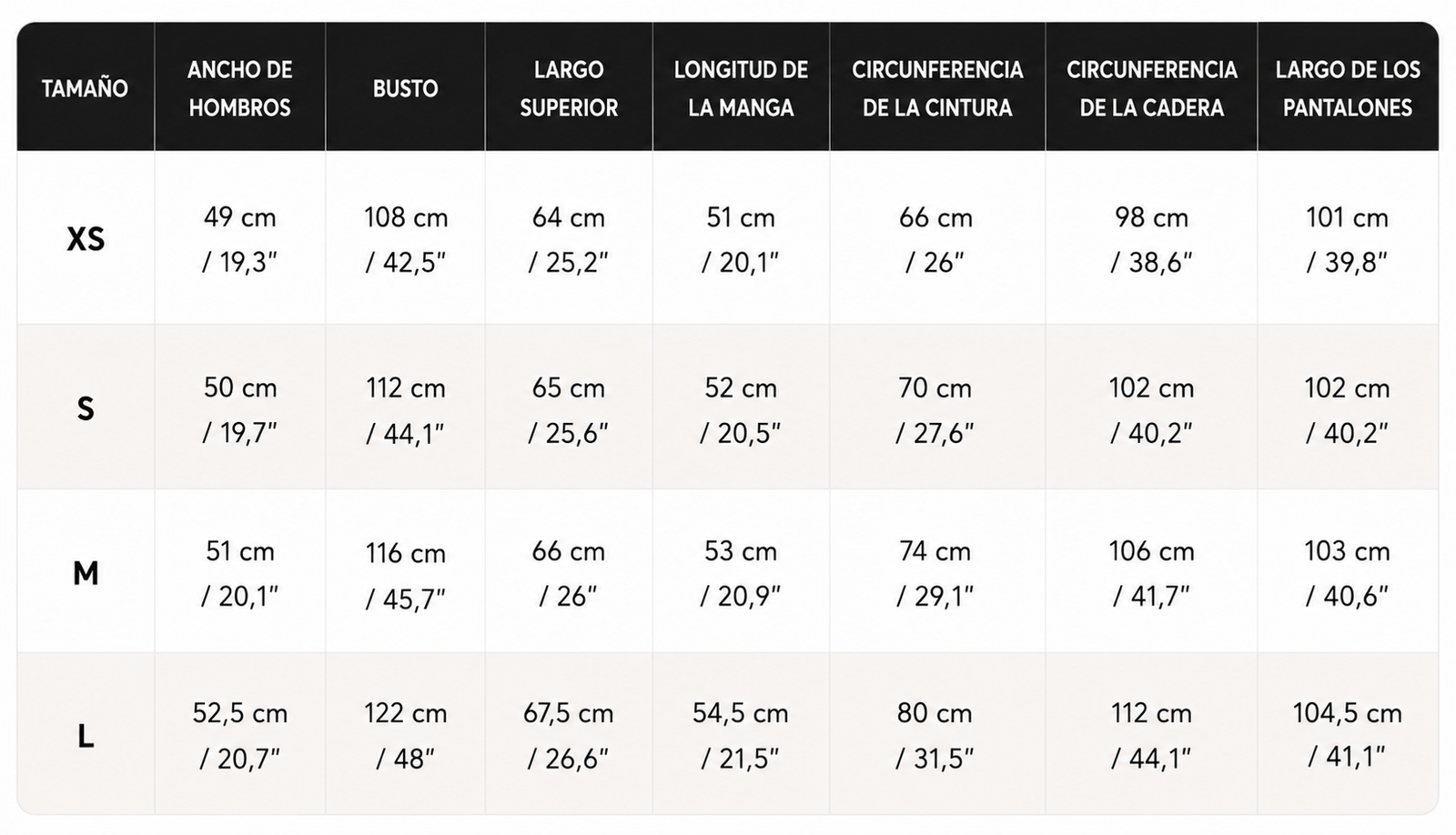 Tabla de tallas de Alma | Conjunto con estampado gráfico
