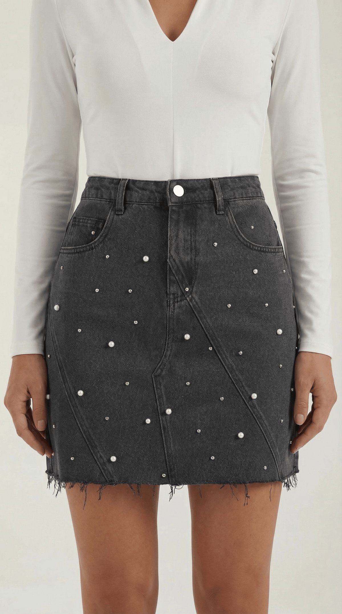 Kaia | Falda vaquera con perlas - Mia Atelier